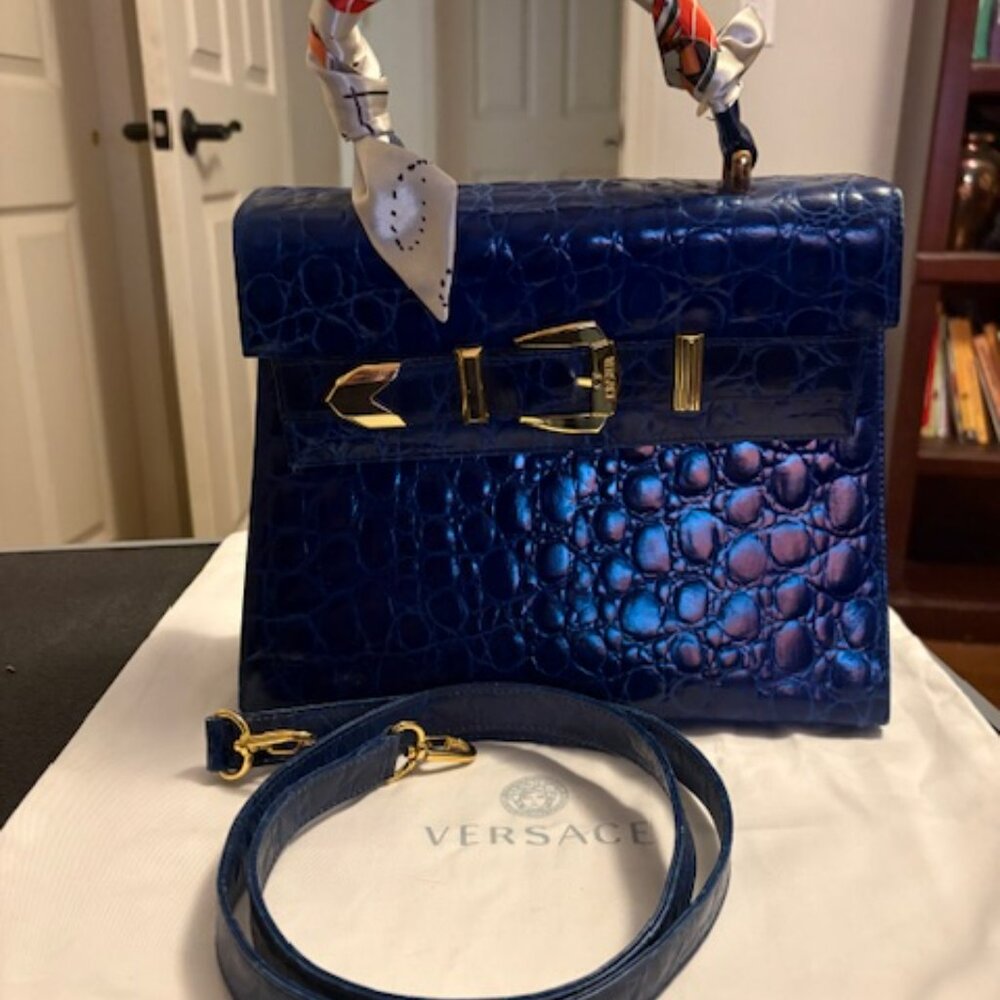 Versace blue crocodile embossed bag with strap